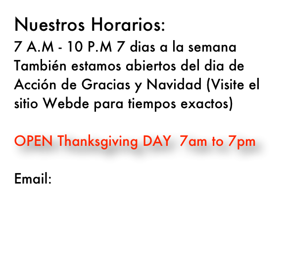 Nuestros Horarios:
7 A.M - 10 P.M 7 dias a la semana
También estamos abiertos del dia de Acción de Gracias y Navidad (Visite el sitio Webde para tiempos exactos)

OPEN Thanksgiving DAY  7am to 7pm

Email:
info@willissupermarket.com

